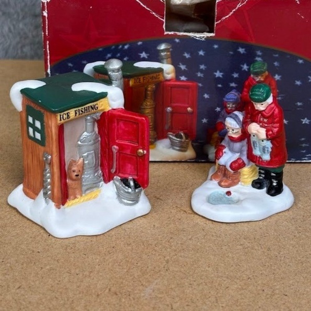 Vintage Ice Fishing Village Accessory Set Porcelain 2 Piece Winter Figurine Box